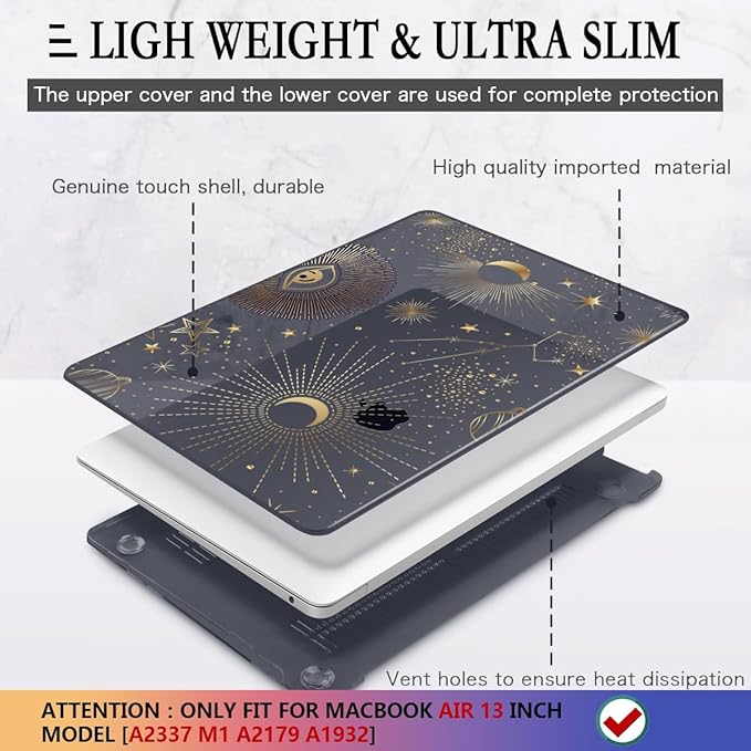 CISSOOK Compatible with 2021 2020 MacBook Air 13 inch Case M1 A2337 A2179 A1932 Model, Hard Shell Case &Keyboard Cover &Screen Protector Film for MacBook Air 13 with Touch ID 2018-2022, Moon Star