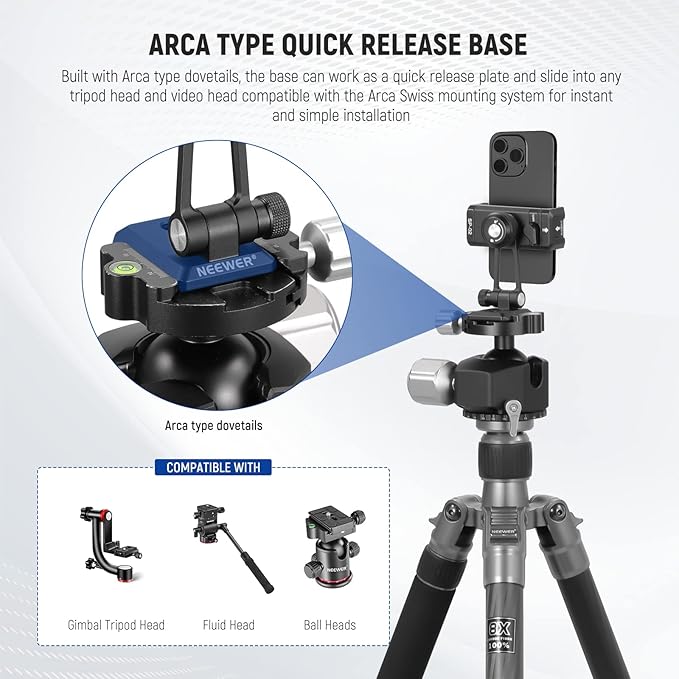 NEEWER Metal Phone Tripod Mount Adapter with Arca QR Base, Cold Shoe, 360° Swivel 180° Tilt, Phone Holder Compatible with iPhone 15 Pro Max Galaxy S24
