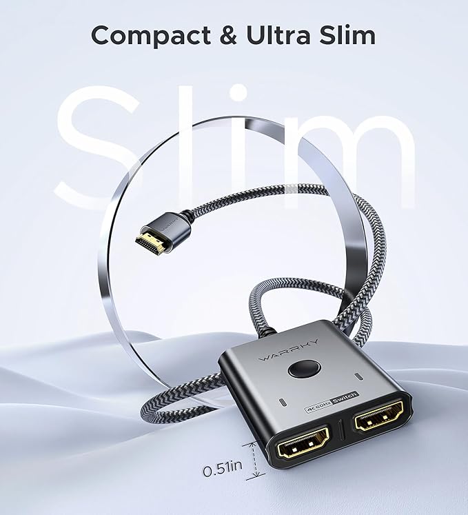 HDMI Switch 2 in 1 Out 4K@60Hz, WARRKY[with 3.3ft Fixed Braided HDMI Cable, Aluminum Case, 2K@144Hz, HDCP 2.2] Bidirectional 2x1 Switcher Splitter Compatible for PS5/4, Xbox, Roku, FireStick, Switch