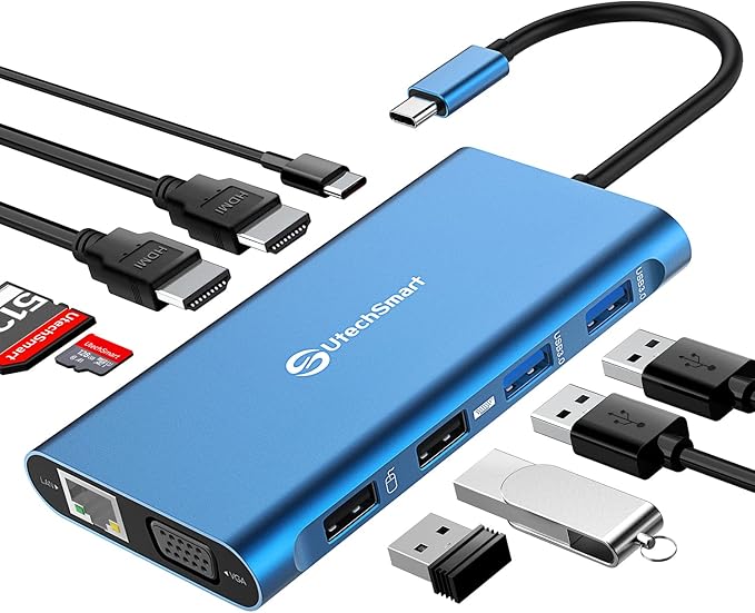 UtechSmart 11 in 1 Docking Station, Triple Monitors USBC Laptop Docking Station with 2 HDMI, VGA, PD3.0, SD TF Card Slot, 4 USB Ports USB-C Adapter Compatible for MacBook & Windows(Blue)