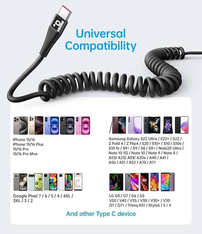 USB C Cable Fast Charging, 2Pack 3ft Coiled USB A to USB C Charge Cable for Car, USB-C Charging Cord Compatible with iPhone 16/15/Pro Max/Plus/Samsung Galaxy S20 S10 and More Type C Devices-Black