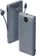 VRURC Portable Charger Built-in Cables and AC Wall Plug, USB C Power Bank 10000mAh, Travel Battery Portable Phone Charger Compact Lightweight External Battery Pack for Smart Phones, Tablets etc-Grey