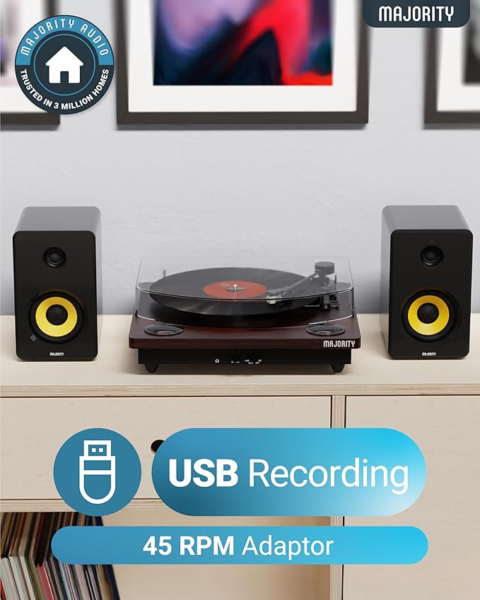 Vinyl Record Player with Bluetooth 5.3 in & Out | Record Player with Speakers & USB Recording | Bluetooth Record Player with AUX Input & RCA Output | Slipmat Included | Majority Moto Turntable