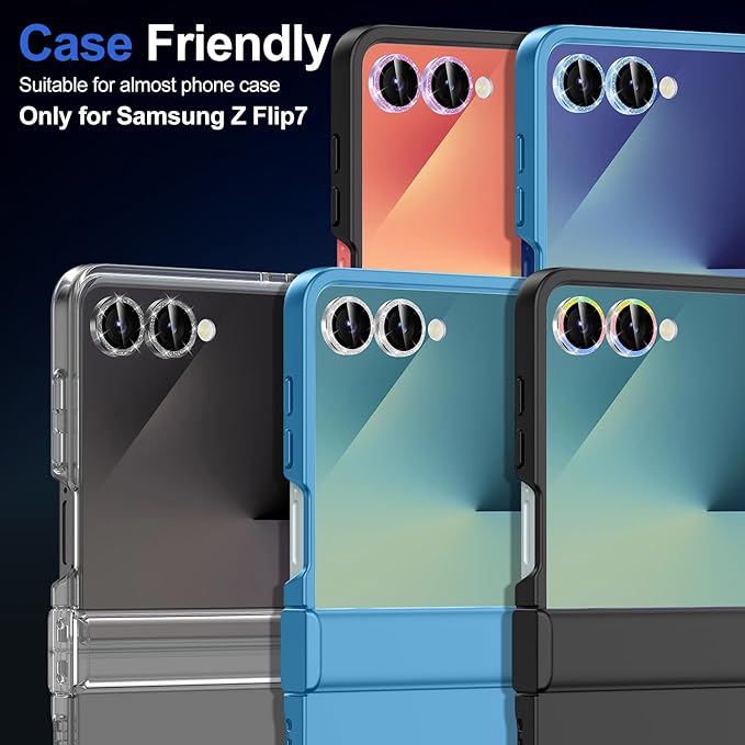 for Samsung Galaxy Z Flip 7 Camera Lens Protector, Individual Metal Ring Tempered Glass Lens Cover, [Strong Adsorption] Scratch Resistant Ultra-Thin HD Clear Lens Cover, 1 Set-Blue Sparkly