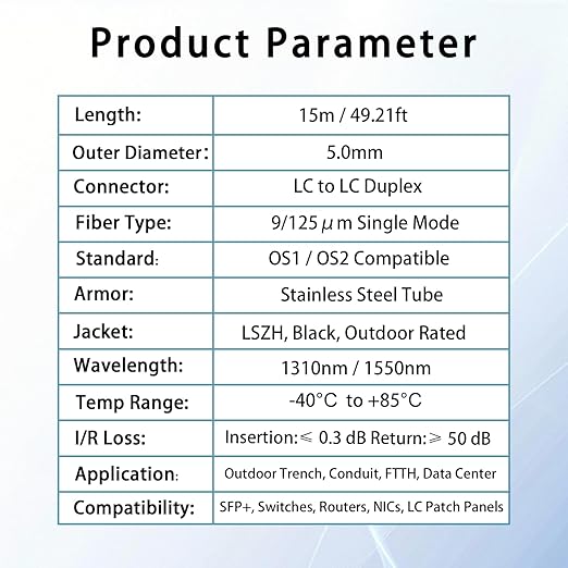 15M/49FT LC to LC Armored Outdoor Fiber Optic Cable, Single Mode Duplex 9/125μm SMF Fiber Patch Cord, OS1/OS2 Compatible, Black LSZH Jacket, Uniboot Jumper for FTTH, Data Center, Long-Distance Use