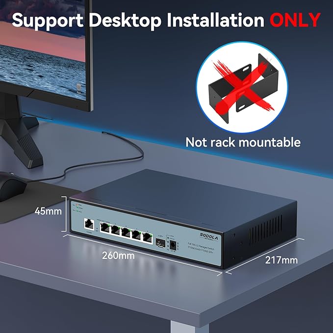 SODOLA 10Gb L2 Managed Switch, 5 x 10G RJ-45 Ports,1 x 10G SFP+ Port,Support LACP, VLAN, QoS, 10G/5G/2.5G/1000M/100M Auto-Negotiation, Multi-Gigabit Managed Ethernet Switch