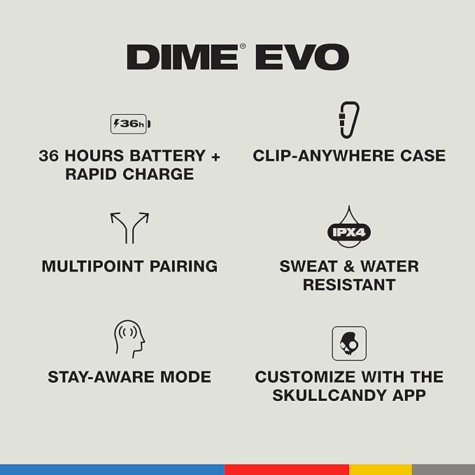 Skullcandy Dime Evo Wireless Earbuds, Bluetooth Headphones, Noise Isolating Fit, Up to 36 Hours Battery, Microphone for iPhone Android, Easy Carry with Clip-Anywhere Case - Bone