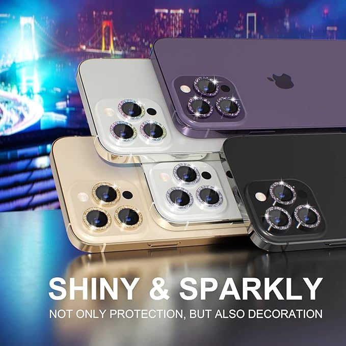 Choiche [3+1 for iPhone 14 Pro/iPhone 14 Pro Max Camera Lens Protector Bling, 9H Tempered Glass Camera Cover Screen Protector Metal Ring Decoration Accessories (Glitter-Black)