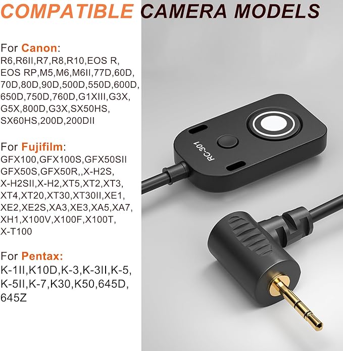 RS-60E3/RR100 for Canon/Fuji Remote Camera Cable Small Shutter Release Control 11.8inches Cable Remote Wired Button R100 R6 R8 R10 80D XT2/3/4/5 XH2S GFX100/S GFX50/S/II (RC301-2.5/E3 11.8in)