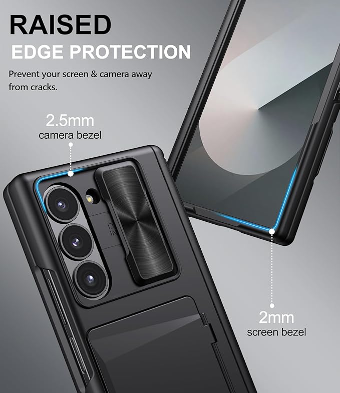 for Samsung Galaxy Z Fold 6 Case with Card Holder & Slide Camera Cover, Built-in Screen Protector & Hinge Protection, Shockproof Durable Wallet Phone Cover Case for Galaxy Z Fold 6 2024, Black