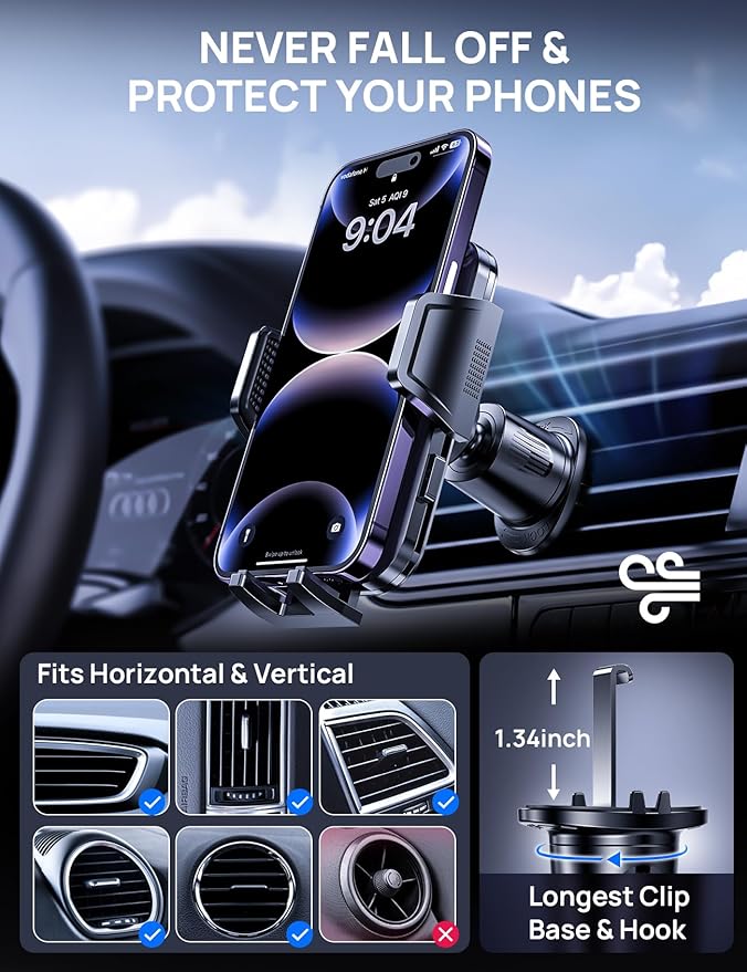 Car Phone Holder Mount for Air Vent, [Never Shake Hook Clip] 360° Adjustable Vent Clip, Compatible with Big Phones,Thick Cases, Phone Holders for Your Car–Fits iPhone, Samsung and Android