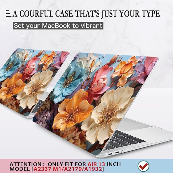 CISSOOK Compatible with MacBook Air 13 inch Case 2021 2020-2018 Release M1 A2337 A2179 A1932, Flower Hard Shell Case with Keyboard Cover for MacBook Air 13 Inch with Touch ID, Silk Flowers