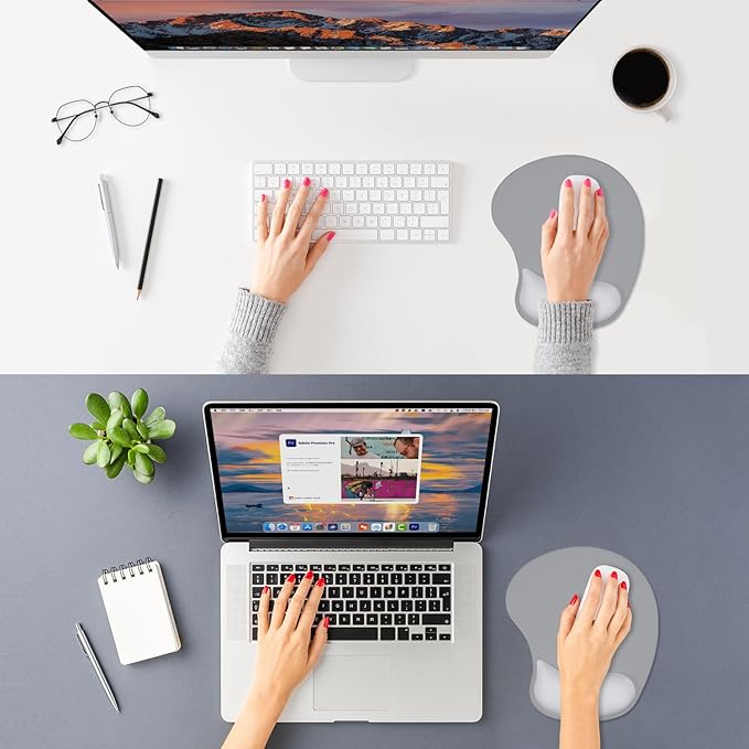 ITNRSIIET Ergonomic Mouse Pad, Cushioned Gel Wrist Rest, Non-Slip Base, Smooth Surface, Compatible with All Mice for Office & Gaming, Desk Accessory, 9.5 x 8.2 inch, Light Gray Accent