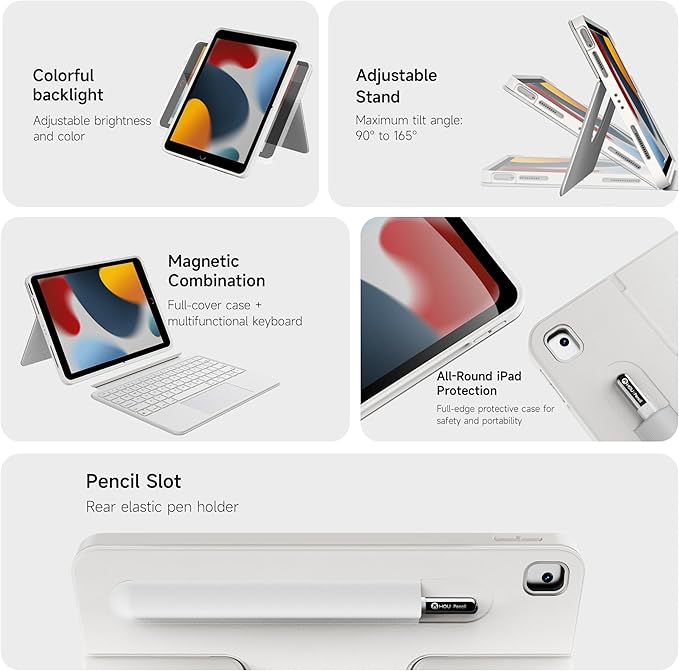 HOU Combo Keyboard Case for iPad 9th Generation (10.2", 2021)/8th Gen/7th Gen/iPad Air 3/Pro 10.5 2017 Multi-Touch Trackpad,7 Color Backlight,Rotatable & Detachable,Portrait/Landscape Modes,White