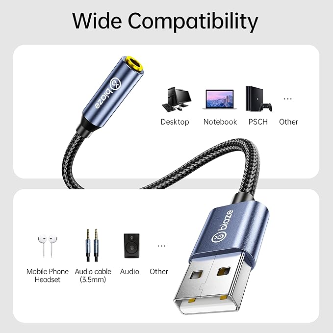 USB to 3.5mm Jack Audio Adapter, External Stereo Sound Card USB-A to Audio Jack Adapter with Auxiliary Stereo Converter, Compatible with Desktop, Laptop Mac, Linux and More!