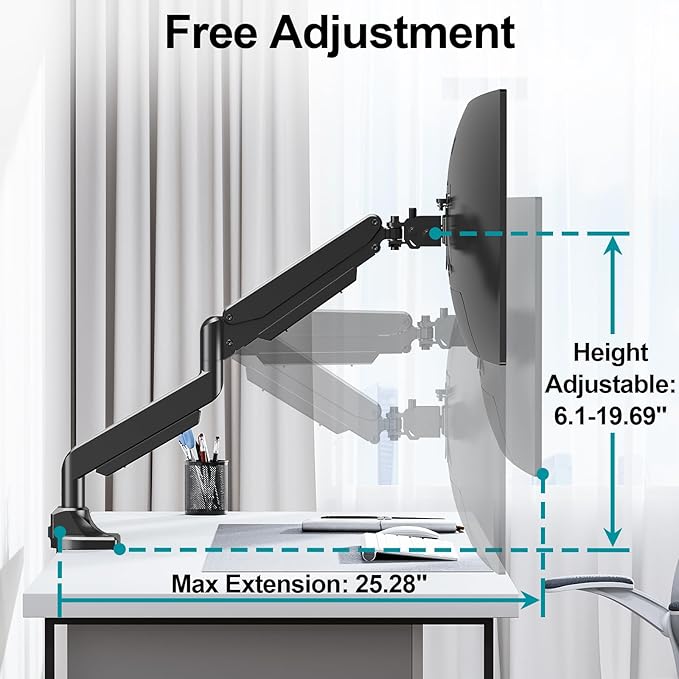 MOUNT PRO Heavy Duty Monitor Mount for Max 49 inches Ultrawide Screens, Single Monitor Arm Desk Mount Holds 6.6 to 33lbs, Fully Adjustable Computer Stand with C-Clamp, VESA 75x75 or 100x100mm