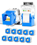 AMPCOM CAT6A UTP RJ45 Keystone Jack 50u Gold Plating Reusable Ethernet Wall Jack with Adjustable Ratchet Lock (No Tool and Zip Tie Required) - Blue (12-Pack)