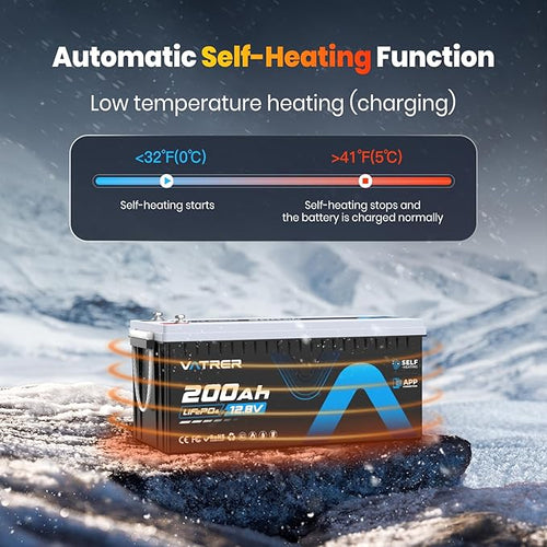 12V 200AH LiFePO4 Lithium Battery with Self-Heating & APP Monitoring, Built-in 200A BMS, Supports Low Temp Charging, 5000+ Cycles, Perfect for RV/Camper, Solar, and Off-Grid Applications, etc.