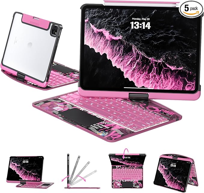 Transparent Case with Keyboard iPad Air (M3/M2,2025/2024) 11 Inch,Compatible 10.9" iPad Air 5th/4th & 11" iPad Pro 4/3/2/1,7-Color Backlit,Wireless Keyboard, 360°Rotating,with trackpad,Pink