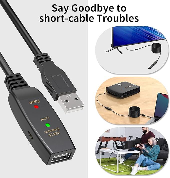 LDKCOK 60FT Active USB Extension Cable 2.0 Male to Female with A Extension chipset Signal Booster - Active Extension/Repeate