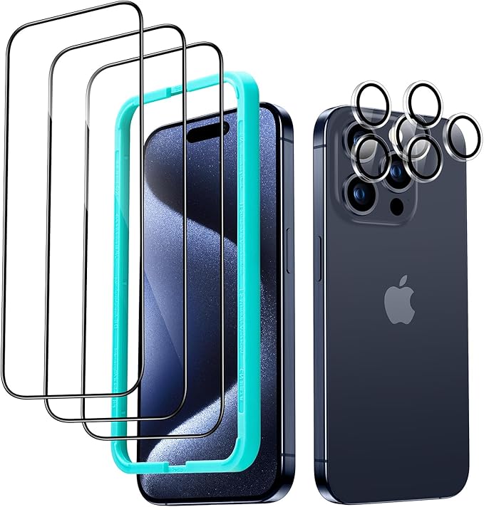ESR 3+2 Pack for iPhone 15 Pro Screen Protector, 3 Black Edge Tempered-Glass Film and 2 Set Camera Lens Protector, 2.5D Curved Edges, Full-Coverage Military-Grade Protection, Scratch Resistant