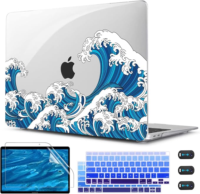 CISSOOK Wave Case for MacBook Air 13 inch Case 2021 2020 2019 2018 Release, Ocean Hard Shell Cover for MacBook Air 13'' with Touch ID A2337 M1 A2179 A1932 Model with Keyboard Cover + Screen Protector