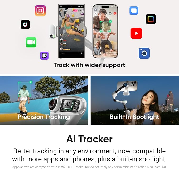 Insta360 Flow 2 Pro White - Foldable AI Phone Gimbal, Track in 200+ Apps with Apple DockKit, Multi-Person Tracking, 360º Pan Tracking, Built-in Tripod/Selfie Stick, iPhone/Android Portable Stabilizer