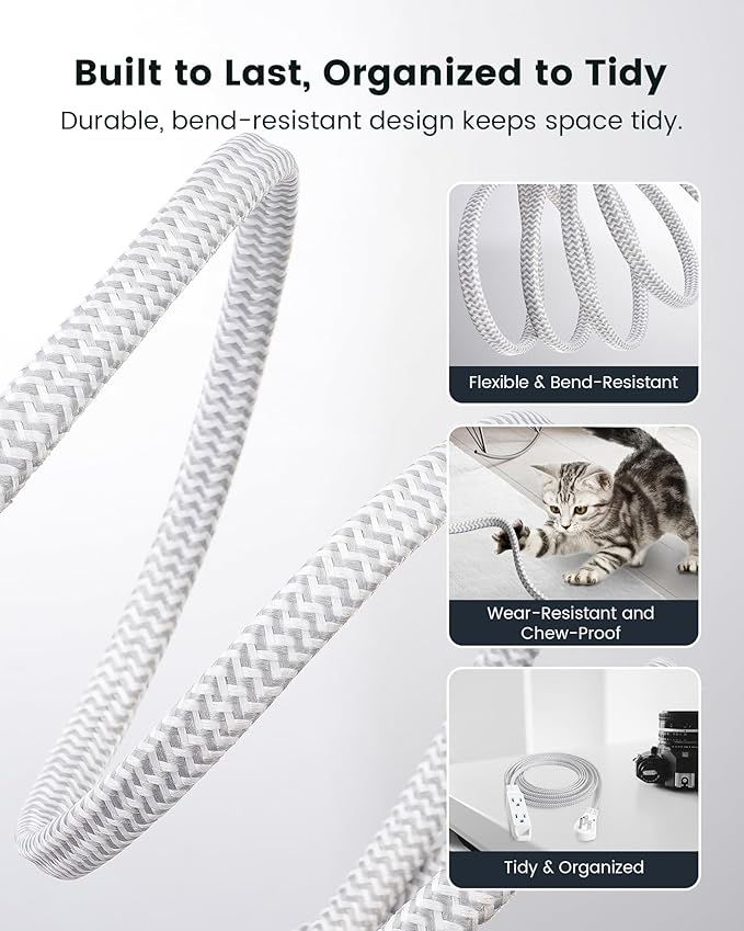 SURAIELEC 10FT 360° Rotating Flat Plug Extension Cord Flat Wall Plug with 3 Outlets, Braided Flat White Extension Cord for Indoor Use, Home, Office, 16/3C SPT, ETL Listed