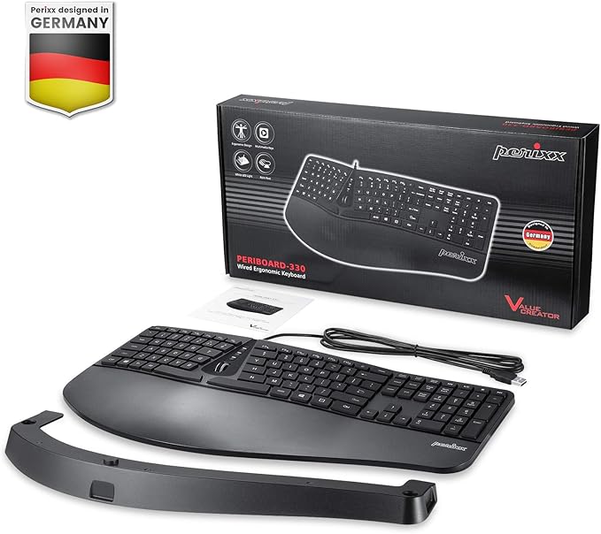 Perixx PERIBOARD-330B, Wired Ergonomic Keyboard with Adjustable Wrist Rest, Illuminated Keys, and Membrane Low Profile Keys, 2 Extra USB Ports, US English Layout