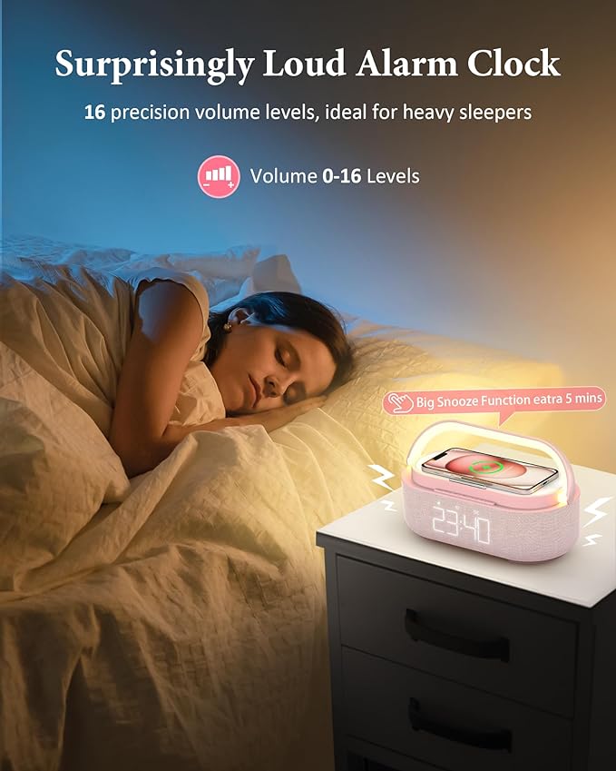 COLSUR Bluetooth Speaker with Wireless Charger, FM Radio, Dimmable LED Night Light, Dual Wireless Speakers, 2500mAh Portable Speaker for Home Decoration, Bedroom, Office, Gift