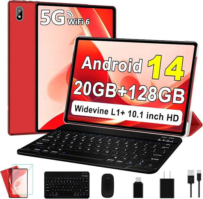 Android 14 Tablet 10 Inch Tablets, 20GB+128GB/1TB Expandable, Tablets with Octa-Core, WiFi 6, Dual Camera, BT 5.0, 6000mAh Battery, HD IPS Display, Widevine L1, Tablet with Keyboard Mouse - Red