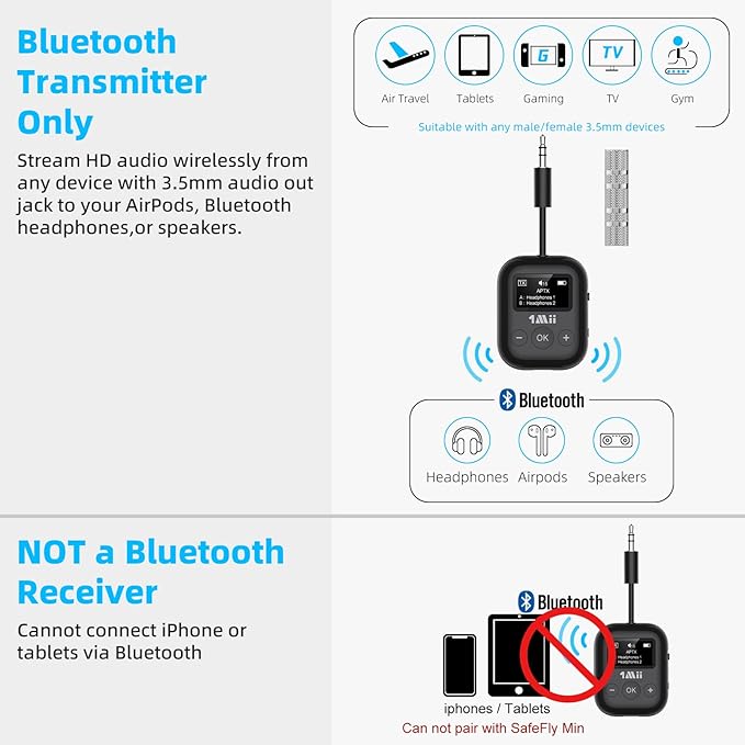 Airplane Bluetooth 5.3 Transmitter for All Headphones - Bluetooth Adapter for TV - Dual Connection - aptX Low Latency - Flying Travel,Long Flight Essentials - Wireless Audio Aux for MP3,Game,PC-Black