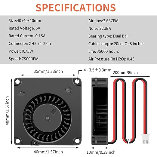 2Packs Wathai DC Blower Fan 4010 Radial Cooling Fan 5V 2 Pin DC 40mm x 10mm Dual Ball