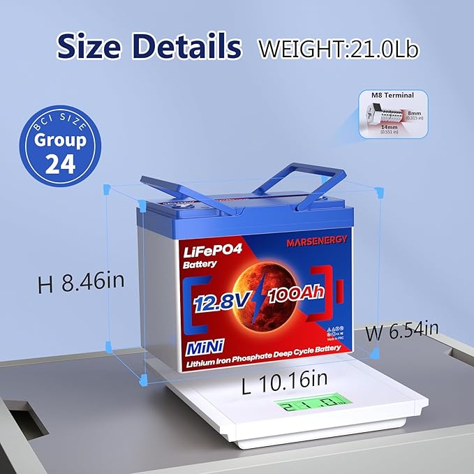 12V 100Ah Lifepo4 Battery, Bci Group 24, Built-In 100A Smart BMS, 4500 To 15000 Deep Cycle Grade A Cells Lithium Battery For Rv, Trolling Motor, Marine, Home Energy Storage, Solar Panel System (B-2PC)