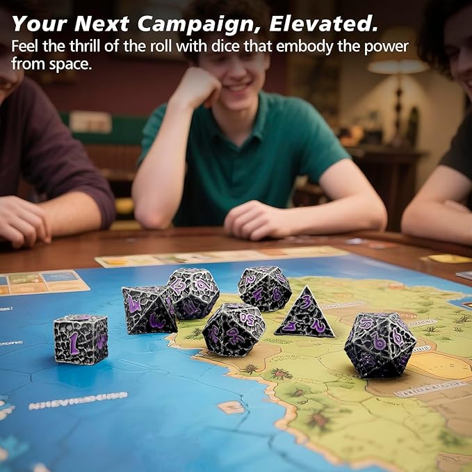 PJOY Metal Dice Set D&D for Dungeons and Dragons Dice with Case Meteorite Iron Purple 7PCS 16mm Role Playing Cool DND Gifts for Players DM Board Game Masters Wizards