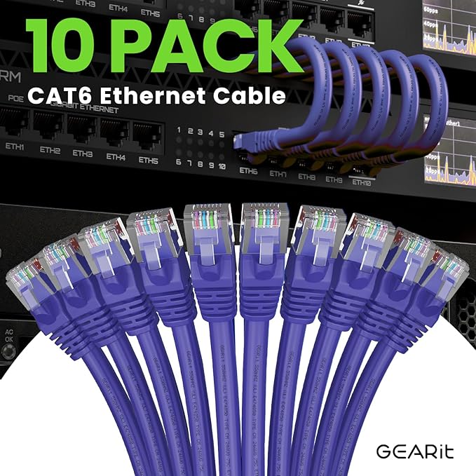 GearIT Cat 6 Ethernet Cable (10-Pack 2 Feet) Cat6 Network Patch, 10Gbps, RJ45, Snagless Cord, Gold-Plated Connectors, Internet for PC, TV, Tablet, Router, Printer, Servers, IT Data Center - Purple