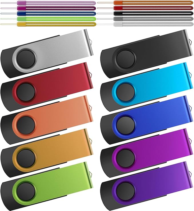 Kepmem 16GB USB 3.0 Multipack - 10pcs Thumb Drives, Metal, Swivel, Zip, Pendrives with Ropes