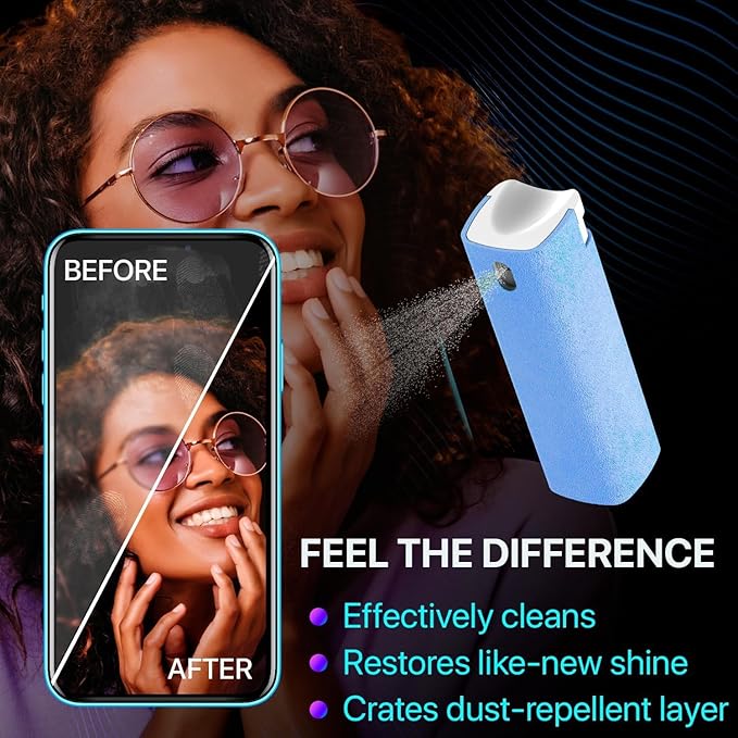 Mini Screen Cleaner Spray – Finger Proof Screen Cleaner for Smartphones, iPads, MacBooks, Laptops, Car Screens, Touchscreens – 3in1 Mist Cleaner, Microfiber Cloth and Protective Cover -Purple