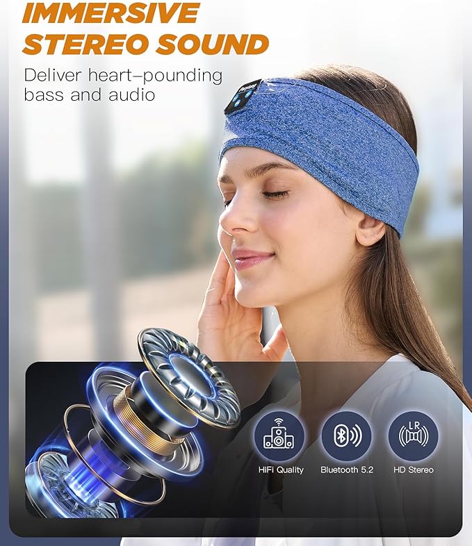 Perytong Bluetooth Headband Headphones, Sleep Headphones Bluetooth for Side Sleepers - Sleeping Headband with Thin Speaker Microphone Handsfree Gift Ideas for Women Men