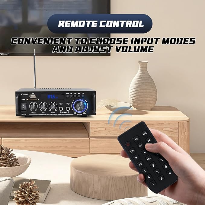 Stereo Audio Amplifier, 300W Home 2 Channel Wireless Bluetooth 5.0 Power Amplifier System, Home Amplifiers FM Radio, USB, SD Card, with Remote Control Home Theater Audio Stereo System