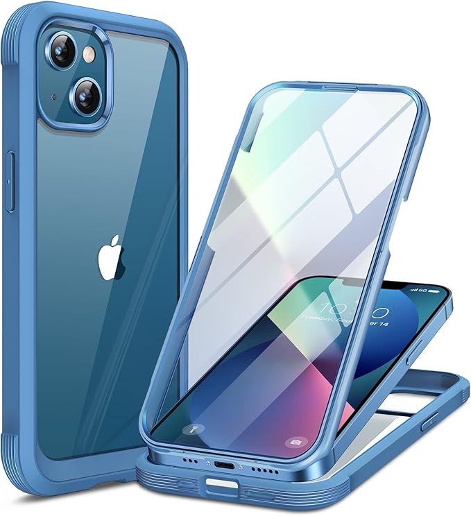 Miracase Compatible with iPhone 13 case 6.1 inch, 2023 Upgrade Full-Body Glass Clear Case Bumper Case with Built-in 9H Tempered Glass Screen Protector for iPhone 13 (Capri Blu)