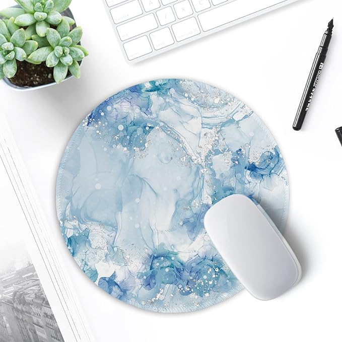 ITNRSIIET Round Mouse Pad with Stitched Edge Premium-Textured Waterproof Non-Slip Rubber Base Desktop Protection Mat Diameter 8.7 inches, Blue Abstract Marble