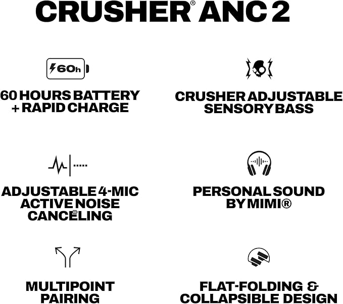 Skullcandy Crusher ANC 2 Wireless Over-Ear Bluetooth Headphones with Multi-Sensory Bass, Active Noise Cancelling, Up to 60 Hours Battery, Microphone for iPhone Android - Realtree Edge Colors Black