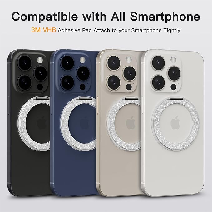 COOLQO 1Pc 360 Spin Cell Grip Ring Phone Stand [Upgrade Gear Hinge Stress Relief] Magnetic Holders for Your car Accessories Desk Mount Compatible with iPhone All Smartphone, Glitter Silver