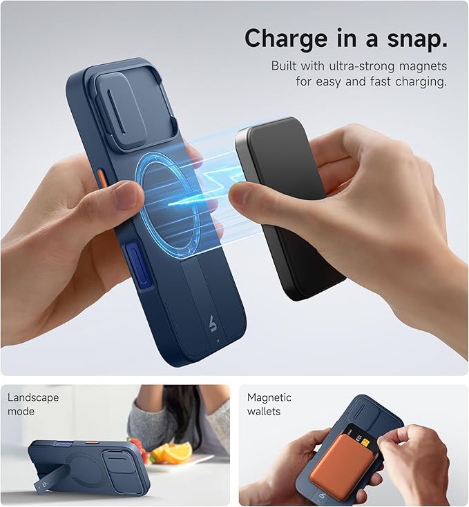SURITCH for iPhone 16 Case with Magnetic Camera Slide Cover and Adjustable Kickstand, Compatible with MagSafe, Shockproof Bumper Case Slim Protective Cover 6.1 Inch, Blue