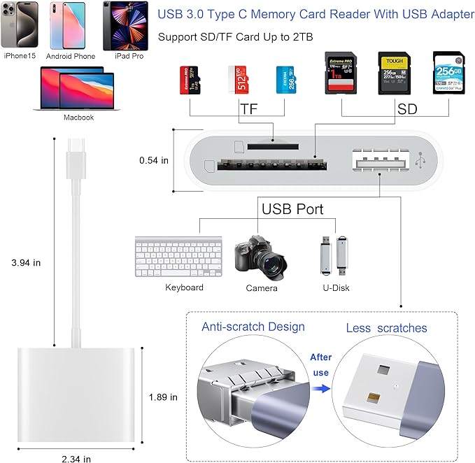 SD Card Reader, USB 3.0 Type C High Speed to SD/TF Card Adapter for iPhone 15/16 Pro Max Memory Card Reader with SD MicroSD USB 3 Port for Mac/iPad/MacBook Pro/Air Android Phone Tablet