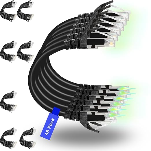 Rapink Patch Cables Cat6 1ft (48 Pack), Ethernet Patch Cable 10G, Cat 6 Patch Cable for Patch Panel to Switch, Flexiable Cat 6 Ethernet Cable with Gold Plated Black