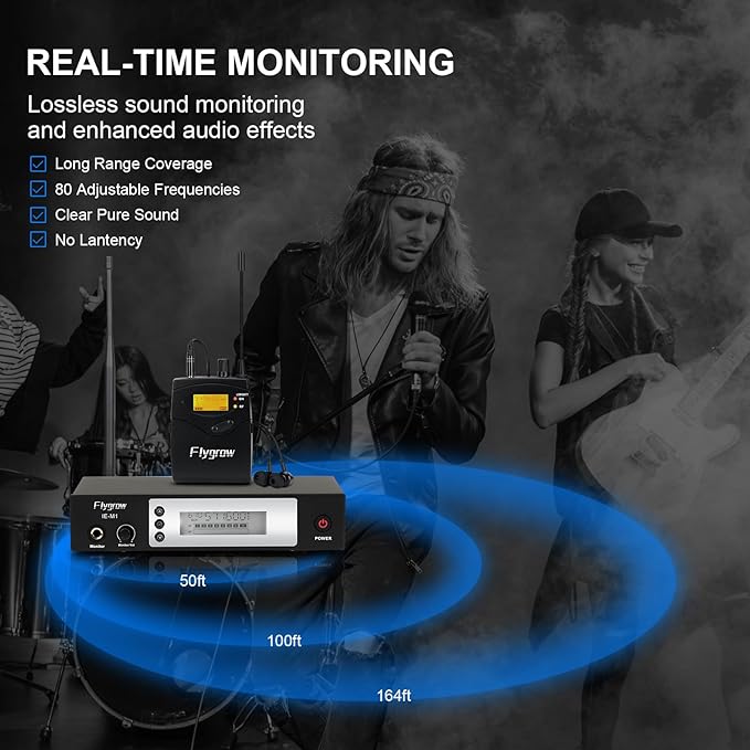 Pro UHF Wireless in Ear Monitor System, Metal IEM Dual Channel Wireless Transmitter and Bodypack Receiver, 80 Adjustable Frequencies,164ft Range, Ideal for Studio, Guitar, Band Performance