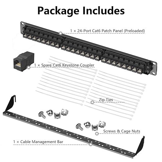 Jadaol 24 Port Patch Panel Rackmount or Wall Mount 19-Inch, 1U Cat6 Network Panel Preloaded with 24 Keystone Couplers plus 1 Spare, 10Gbps Ethernet Patch Panel with Cable Management & Back Support Bar