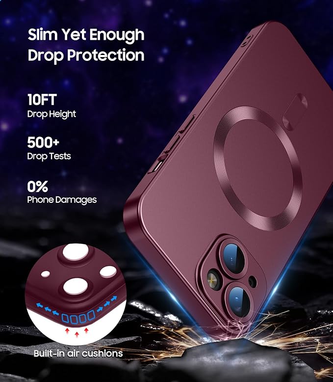 Magnetic for iPhone 15 Case [Compatible with MagSafe][Built-in Camera Lens Protector] Slim Soft Silicone Bumper Shockproof Metallic Shine Phone Case (Burgundy)